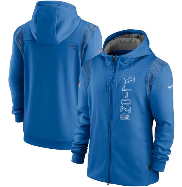 Men's Detroit Lions 2021 Blue Sideline Team Performance Full-Zip Hoodie